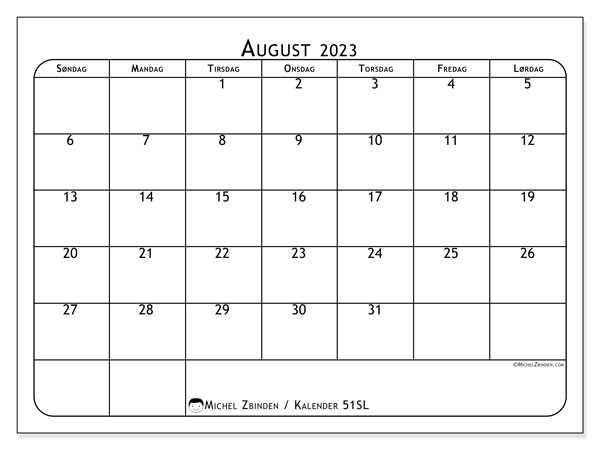 Kalender august 2023 “51”. Gratis kalender til print.. Søndag til lørdag