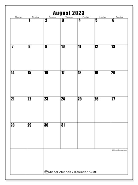 Kalender august 2023 “52”. Gratis program til print.. Mandag til søndag