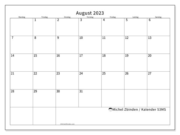 Kalender august 2023, 53MS. Gratis kalender til print.