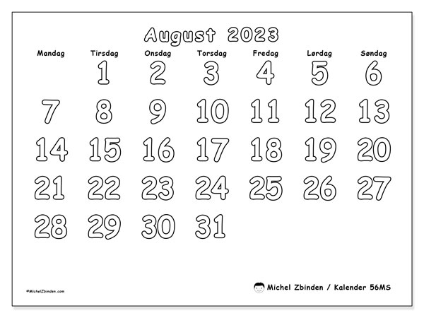 Kalender august 2023 “56”. Gratis plan til print.. Mandag til søndag
