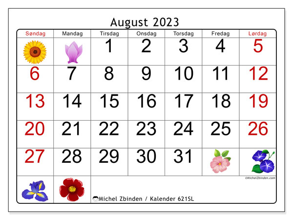 Kalender august 2023 “621”. Gratis kalender til print.. Søndag til lørdag