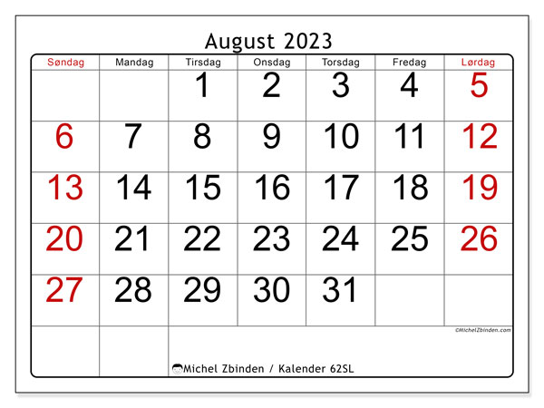 Kalender august 2023 “62”. Gratis plan til print.. Søndag til lørdag