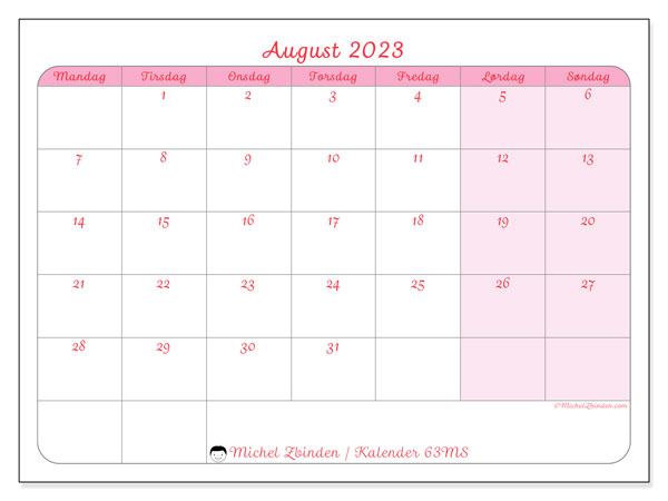 Kalender august 2023 “63”. Gratis kalender til print.. Mandag til søndag