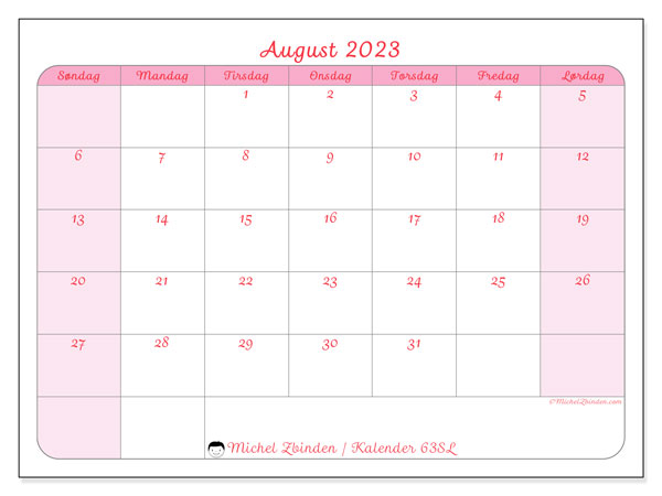 Kalender august 2023 “63”. Gratis kalender til print.. Søndag til lørdag