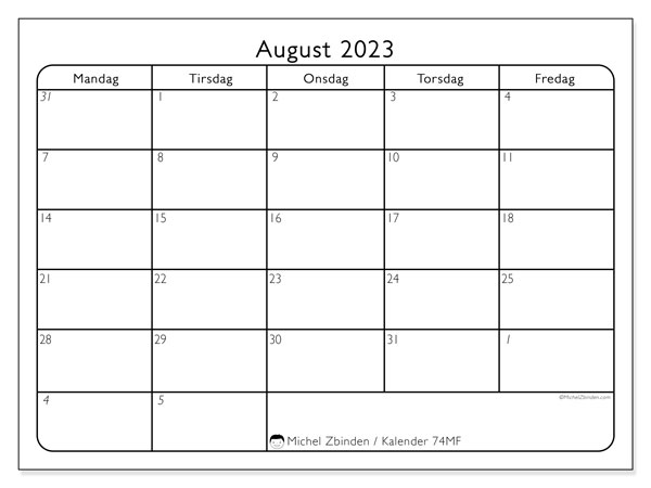 Kalender august 2023, 74MS. Gratis program til print.
