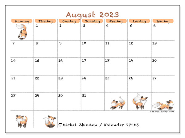 Kalender august 2023, 771MS. Gratis kalender til print.
