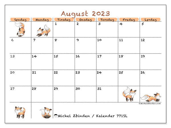 Kalender august 2023 “771”. Gratis plan til print.. Søndag til lørdag