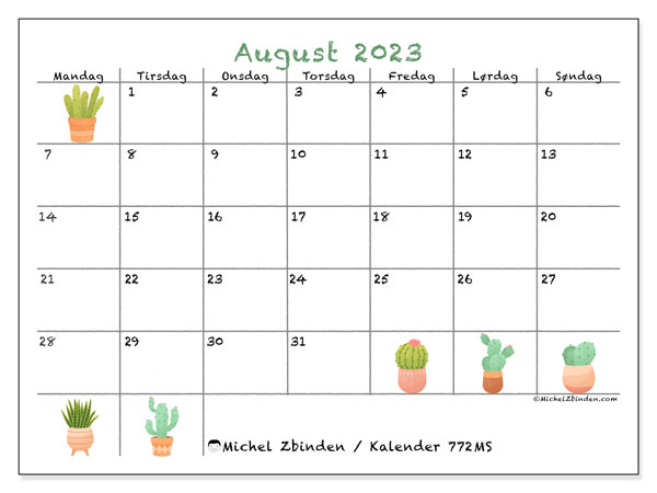Kalender august 2023 “772”. Gratis program til print.. Mandag til søndag