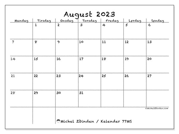 Kalender august 2023, 77MS. Gratis kalender til print.