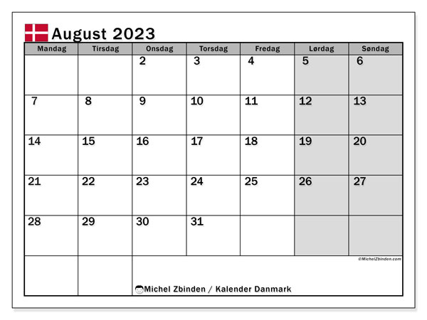 Kalenteri elokuu 2023, Tanska (DA). Ilmainen tulostettava ohjelma.