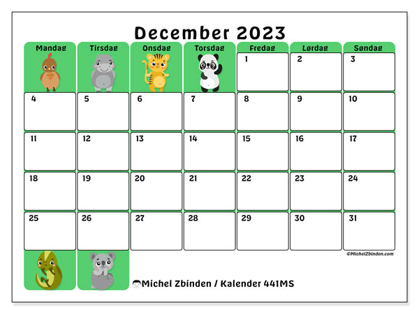 Kalender december 2023, 441MS. Gratis kalender til print.