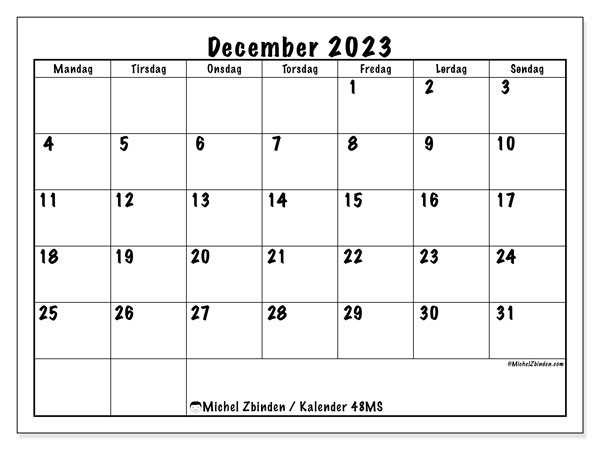 Kalender december 2023, 48MS. Gratis kalender til print.