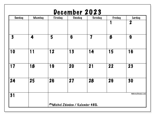 Kalender til udskrivning, december 2023, 48SL