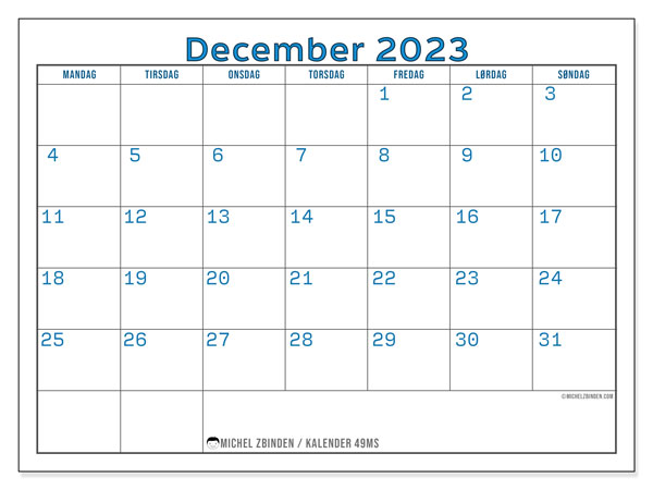 49MS, kalender december 2023, til gratis udskrivning.