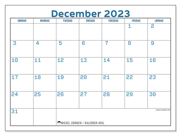 Kalender december 2023, 49SL. Gratis kalender til print.