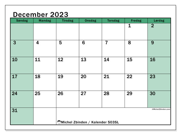 Kalender december 2023, 503SL. Gratis kalender til print.