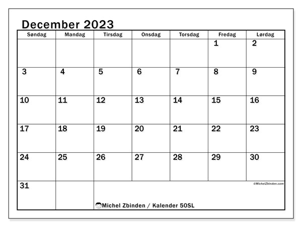 Kalender december 2023 “50”. Gratis kalender til print.. Søndag til lørdag