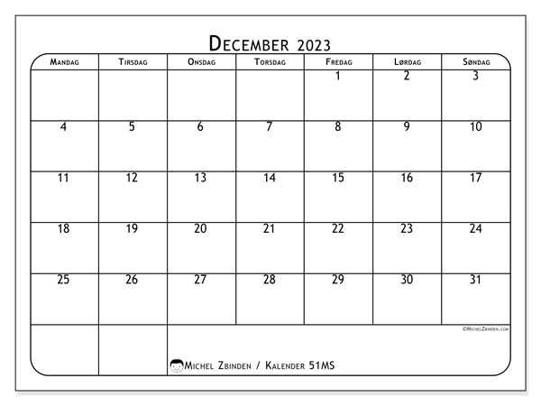 Kalender december 2023, 51MS. Gratis program til print.