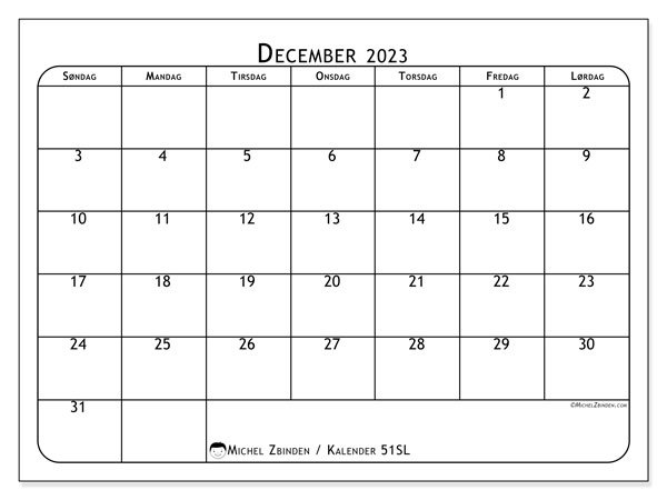 Kalender december 2023 “51”. Gratis kalender til print.. Søndag til lørdag