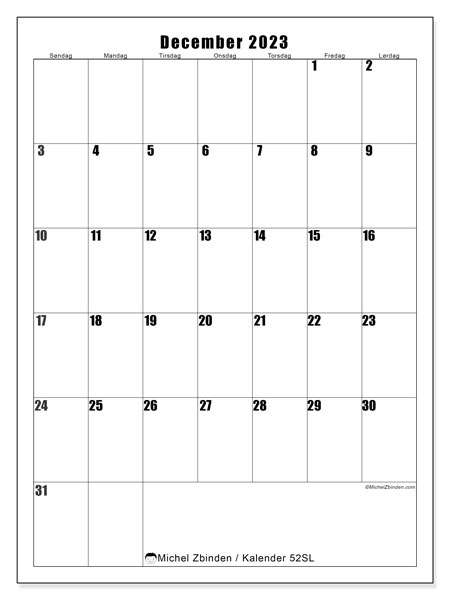 Kalender december 2023, 52SL. Gratis kalender til print.