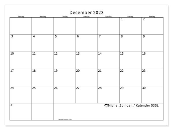 Kalender til udskrivning, december 2023, 53SL