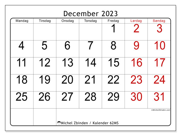 Kalender til udskrivning, december 2023, 62MS