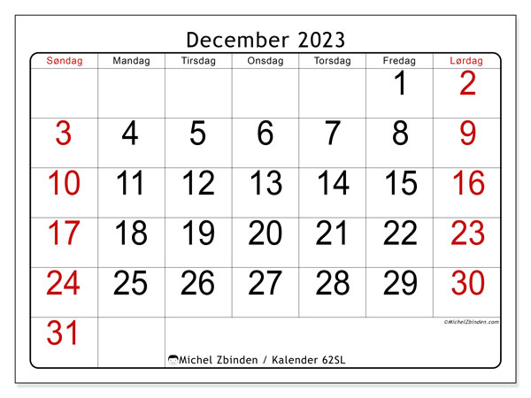 Kalender til udskrivning, december 2023, 62SL