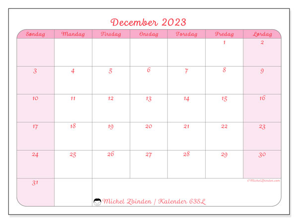 Kalender december 2023 “63”. Gratis program til print.. Søndag til lørdag