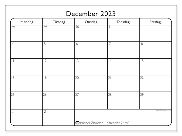 Kalender december 2023, 74MS. Gratis kalender til print.