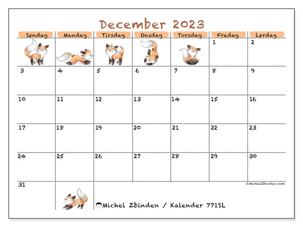 Kalender december 2023 “771”. Gratis program til print.. Søndag til lørdag