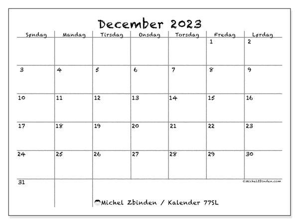 Kalender december 2023, 77SL. Gratis kalender til print.