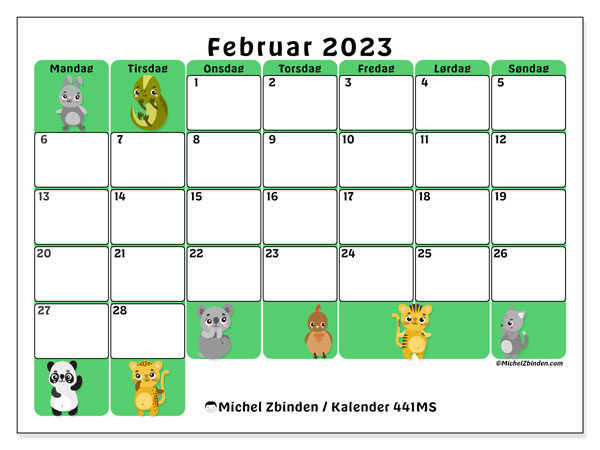 Kalender 441MS, februar 2023, til udskrivning, gratis. Gratis tidsplan til udskrift