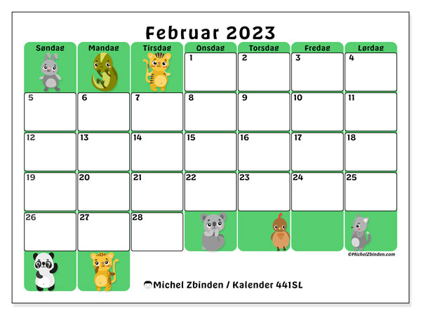 Kalender til udskrivning, februar 2023, 441SL