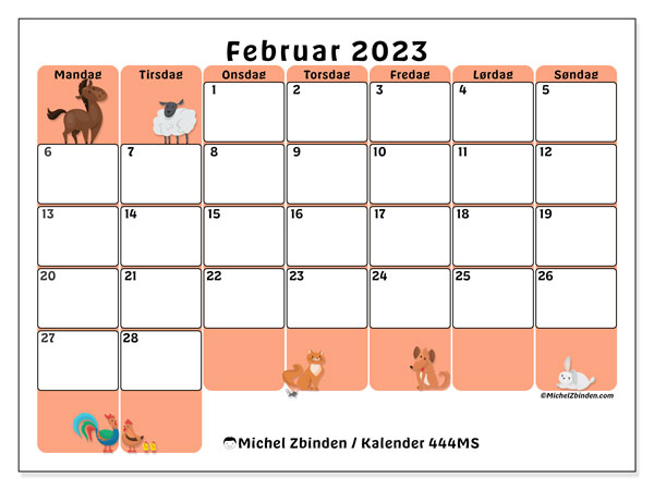 Kalender februar 2023 til udskrivning. Månedskalender “444MS” og gratis udskrivningsplan