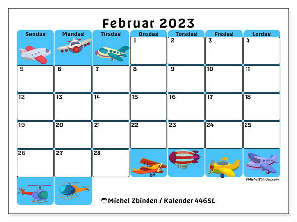 Kalender 446SL, februar 2023, til udskrivning, gratis. Gratis skema til udskrift