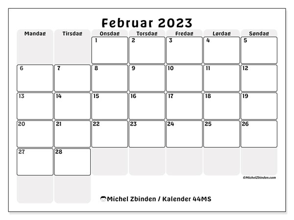 Kalender 44MS, februar 2023, til udskrivning, gratis. Gratis dagbog til udskrift