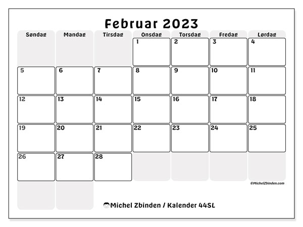 Kalender 44SL, februar 2023, til udskrivning, gratis. Gratis udskrivbar planlægning