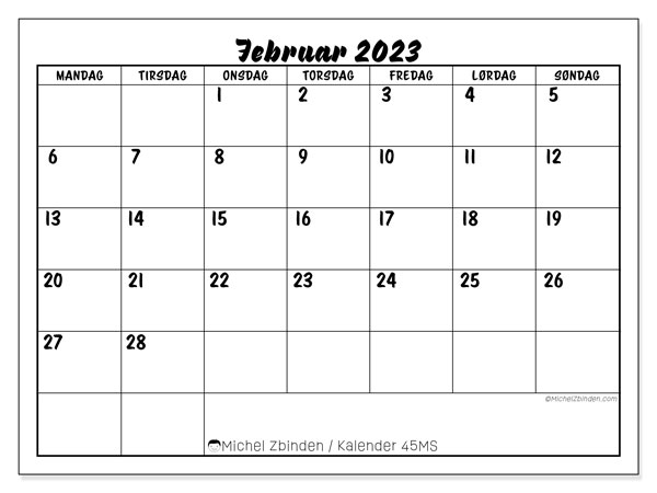 Kalender 45MS, februar 2023, til udskrivning, gratis. Gratis udskrivbar dagbog