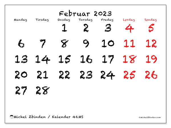 Kalender februar 2023 til udskrivning. Månedskalender “46MS” og gratis planlægning, der kan udskrives