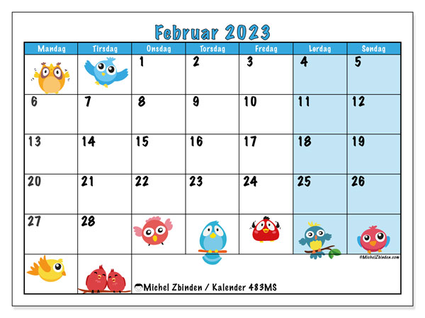 Kalender 483MS, februar 2023, til udskrivning, gratis. Gratis dagbog til udskrivning