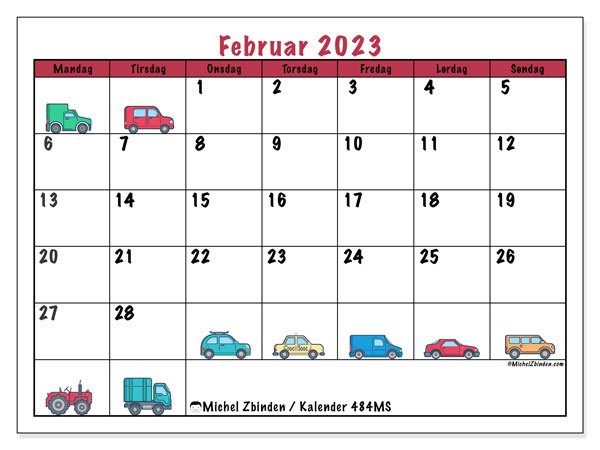 Kalender februar 2023 til udskrivning. Månedskalender “484MS” og gratis tidsplan til udskrivning