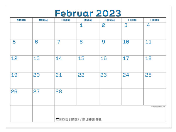 Kalender til udskrivning, februar 2023, 49SL