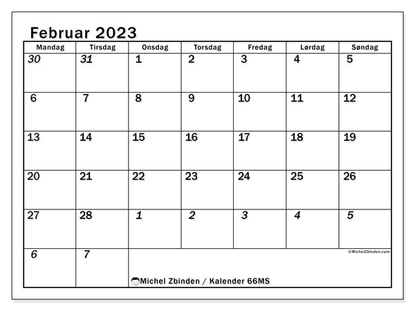 Kalender 501MS, februar 2023, til udskrivning, gratis. Gratis dagsorden til udskrift