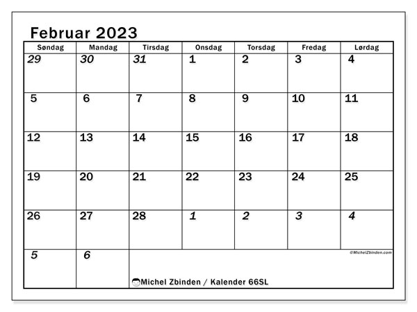 Kalender til udskrivning, februar 2023, 501SL
