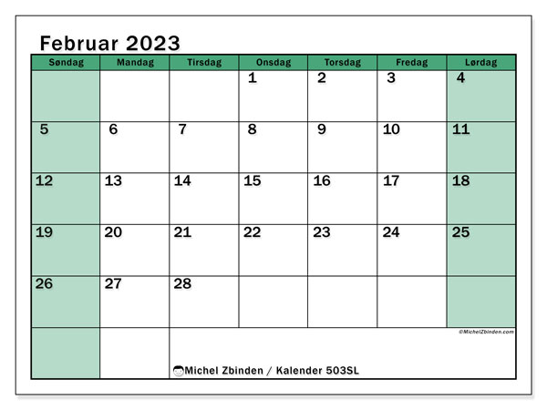 Kalender 503SL, februar 2023, til udskrivning, gratis. Gratis tidsplan til udskrift
