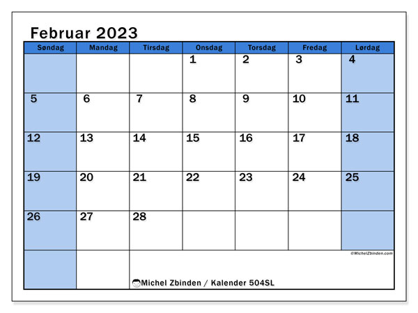 Kalender februar 2023 til udskrivning. Månedskalender “504SL” og gratis tidsplan til udskrivning