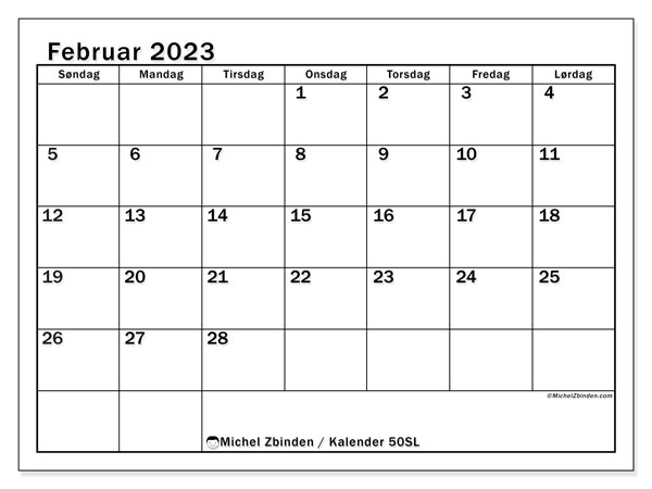 Kalender 50SL, februar 2023, til udskrivning, gratis. Gratis tidsplan til udskrift
