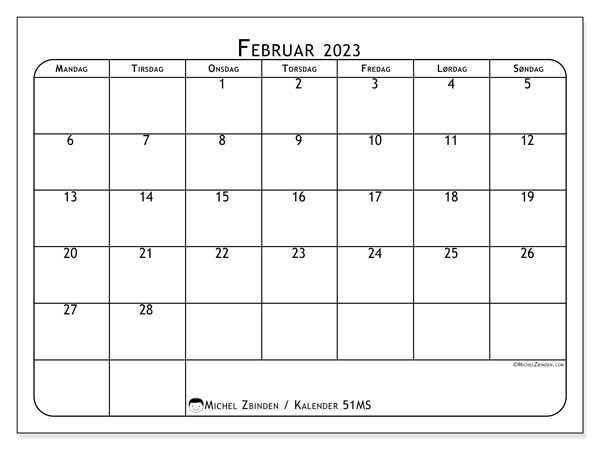 Kalender til udskrivning, februar 2023, 51MS