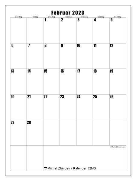 Kalender februar 2023 til udskrivning. Månedskalender “52MS” og gratis udskrivningsplan