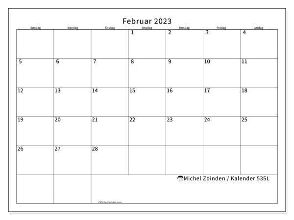 Kalender til udskrivning, februar 2023, 53SL
